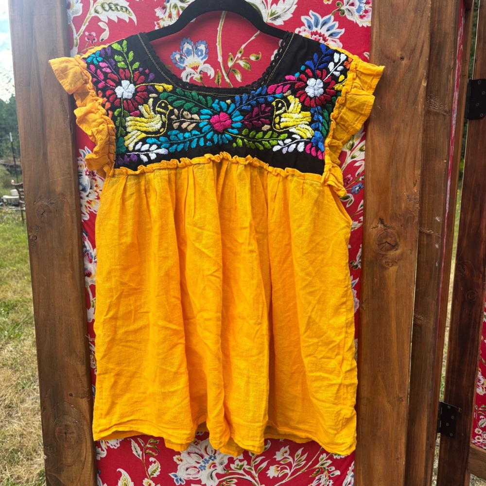 70's Style Yellow Black‎ Floral Embroidered Prairie Blouse Women's Size L